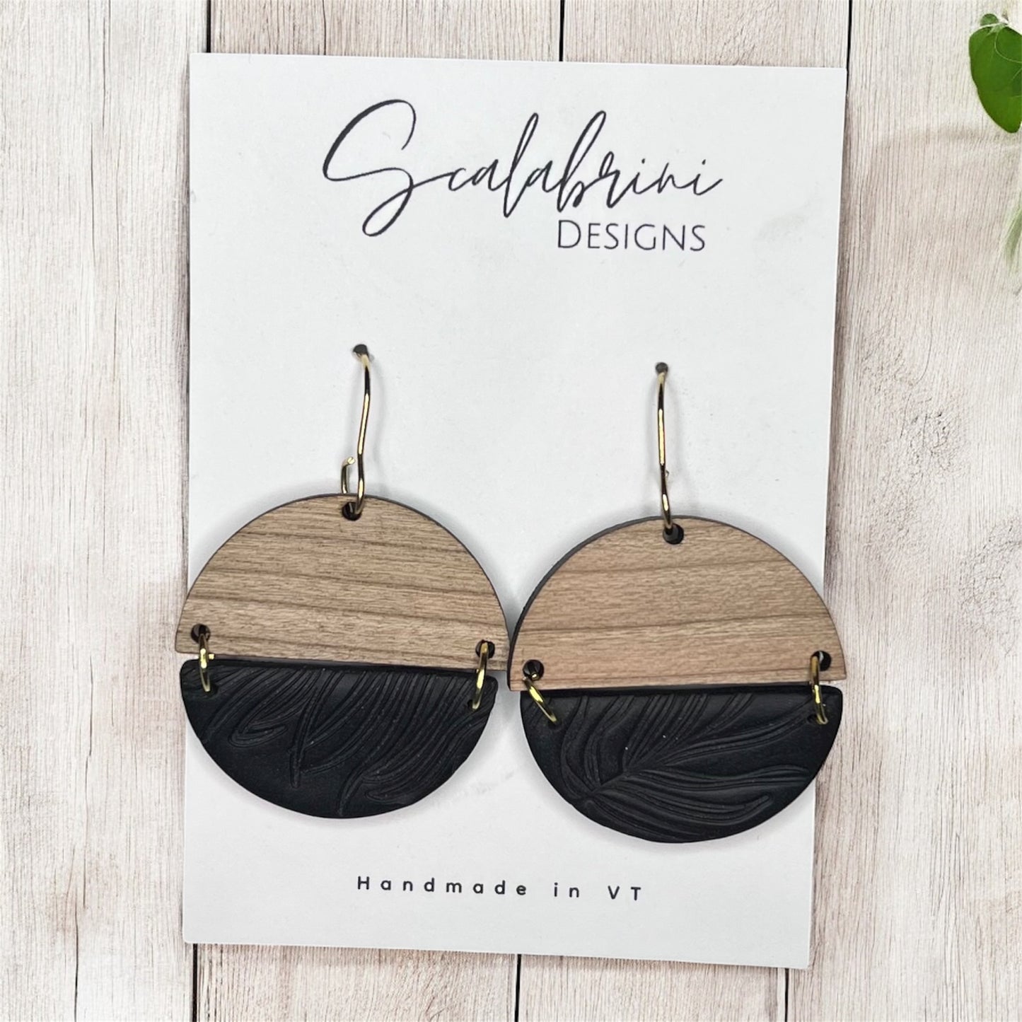 Black and Wooden Earrings with Leaf Accent