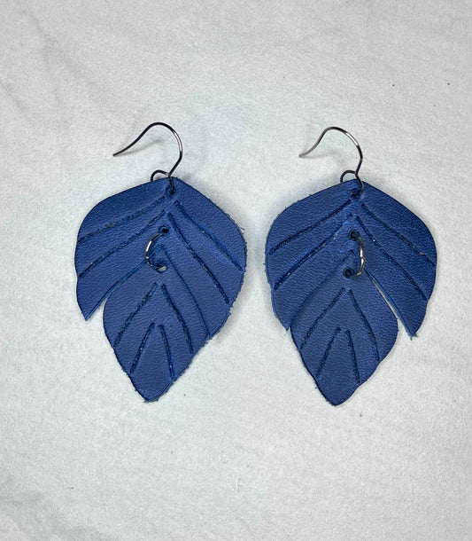 Navy Blue Leather Leaf Earrings