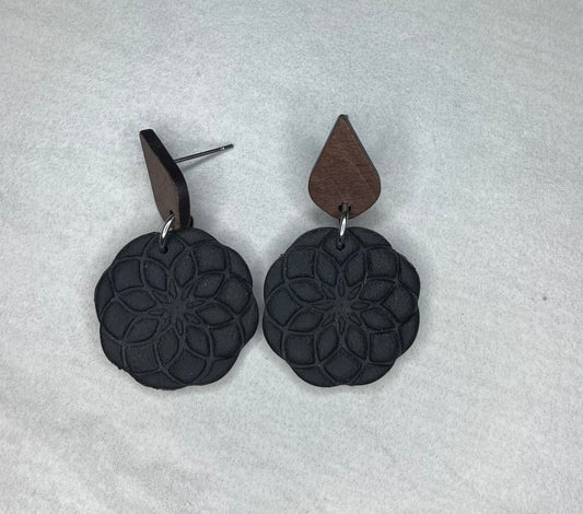 Black and Wood Mandala Earrings