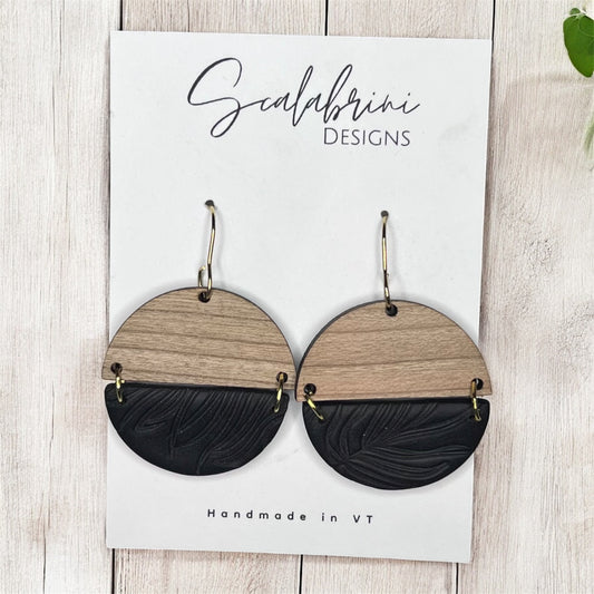 Black and Wooden Earrings with Leaf Accent