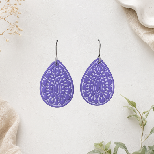 Purple and White Teardrop Earrings