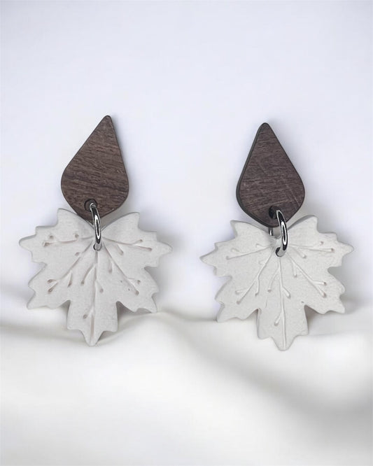 White & Wood Maple Leaf Earrings