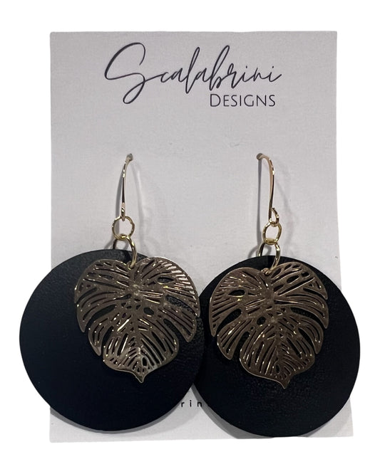 Black Leather Earrings with Gold Monstera Accent